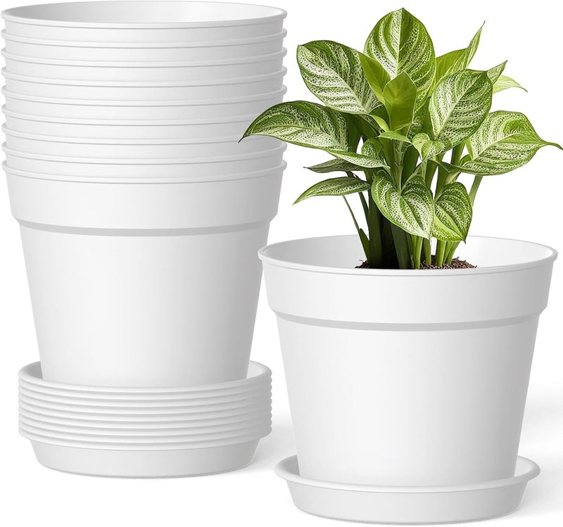 SwinDuck 10 Pack 6 Inch Plant Pots with Drainage and Saucers, White Plastic Flower Pots for Indoor and Outdoor Plants, Stackable Nursery Planters for Houseplants and Herbs, White - Image 1
